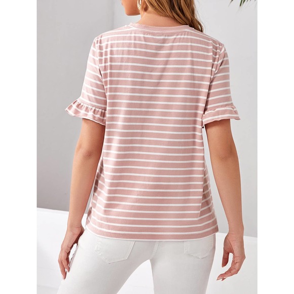 MATERNITY Flounce Short Sleeve Striped Tee shirt pink - Picture 2 of 5